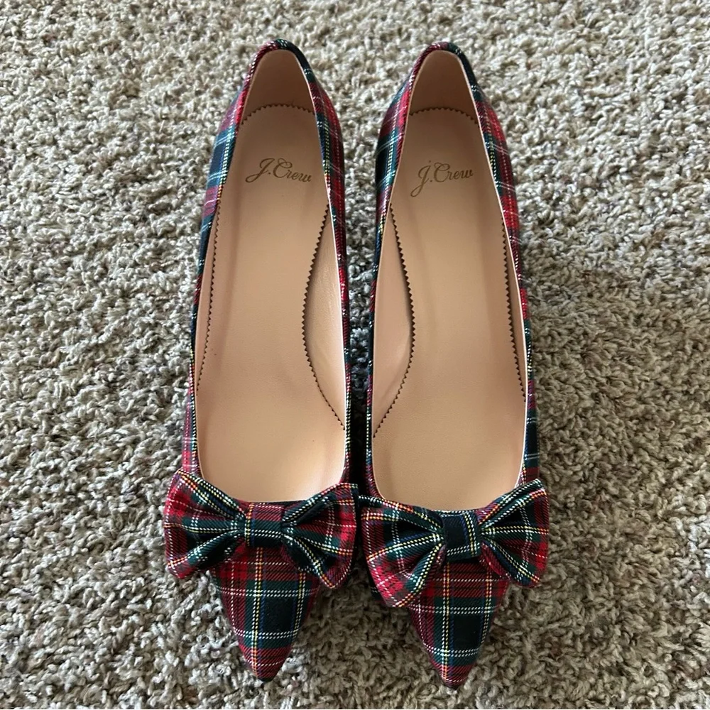 J. Crew Red Green Plaid Bow Pointed-Toe Kitten Heels